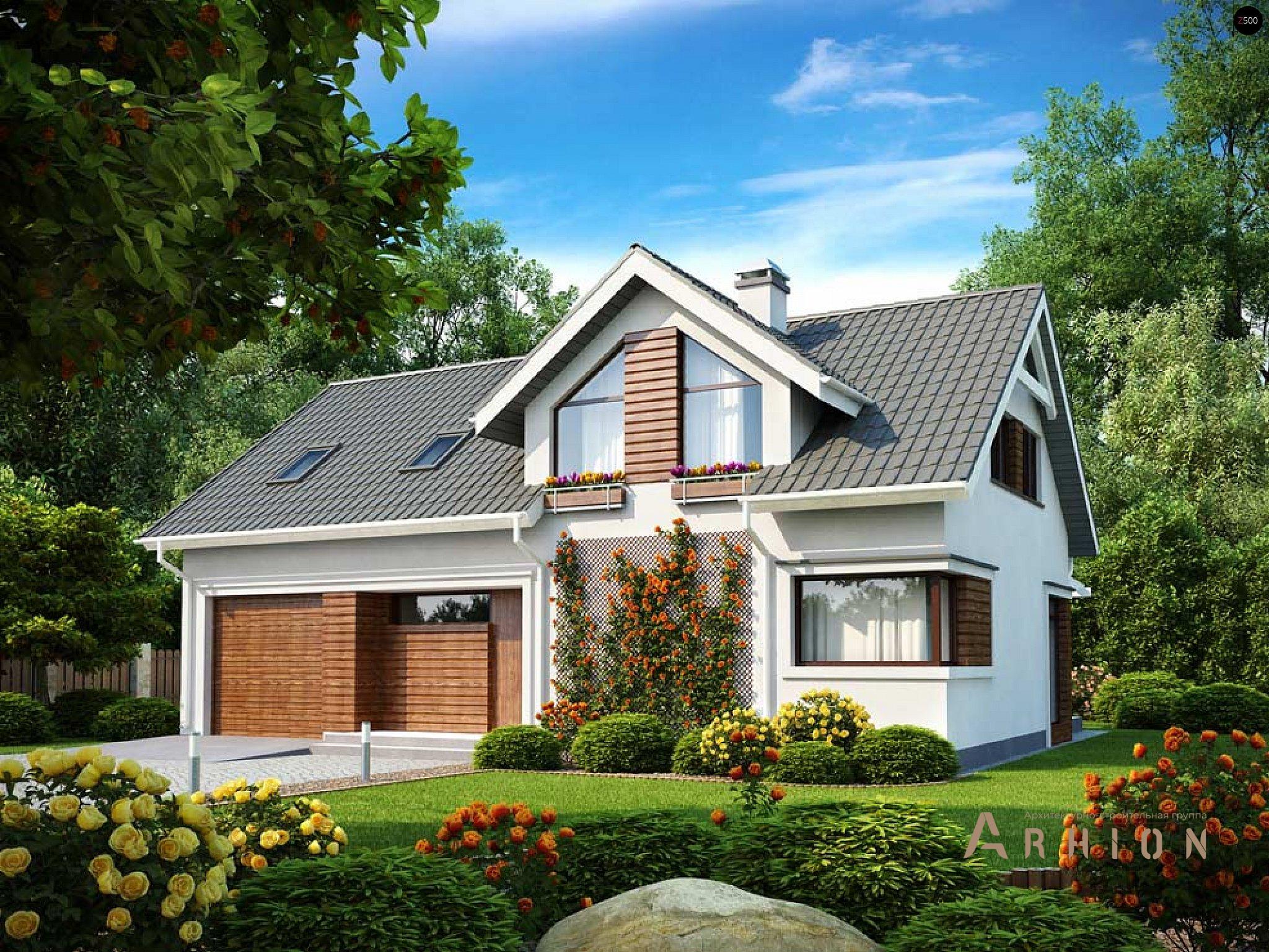 3. Проект одноэтажного дома в альпийском стиле с двускатной кровлей, Z122 v2, площадью - 189 кв c мансардой, терассой, гаражом